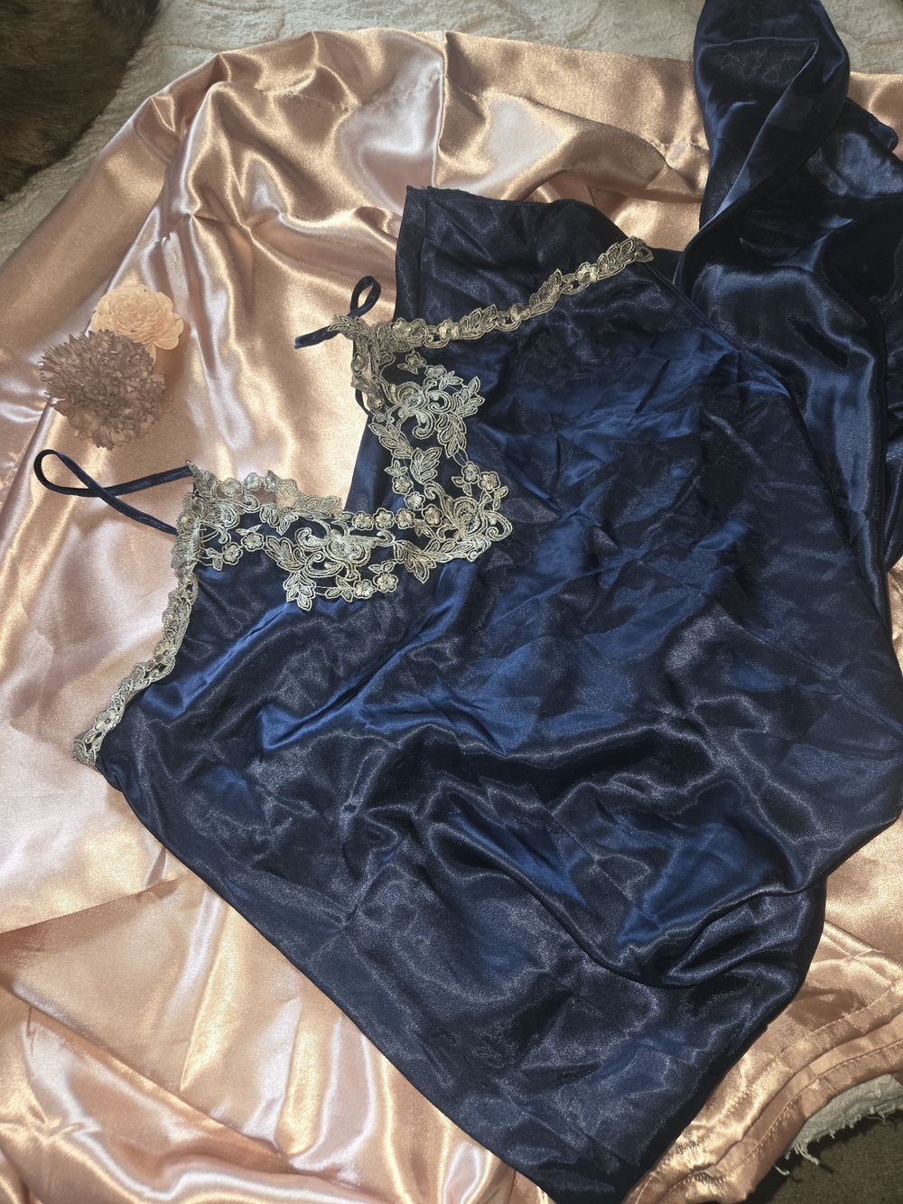 Women’s Navy Satin Lace Trim Slip - Unbranded